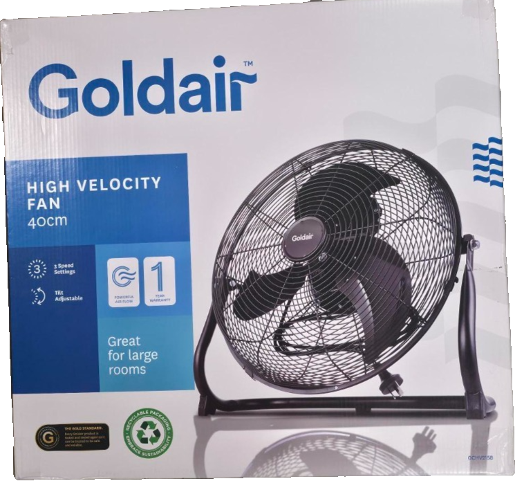 Goldair 40cm High Velocity Floor Fan Industrial 3 Speed Power Cooling Black