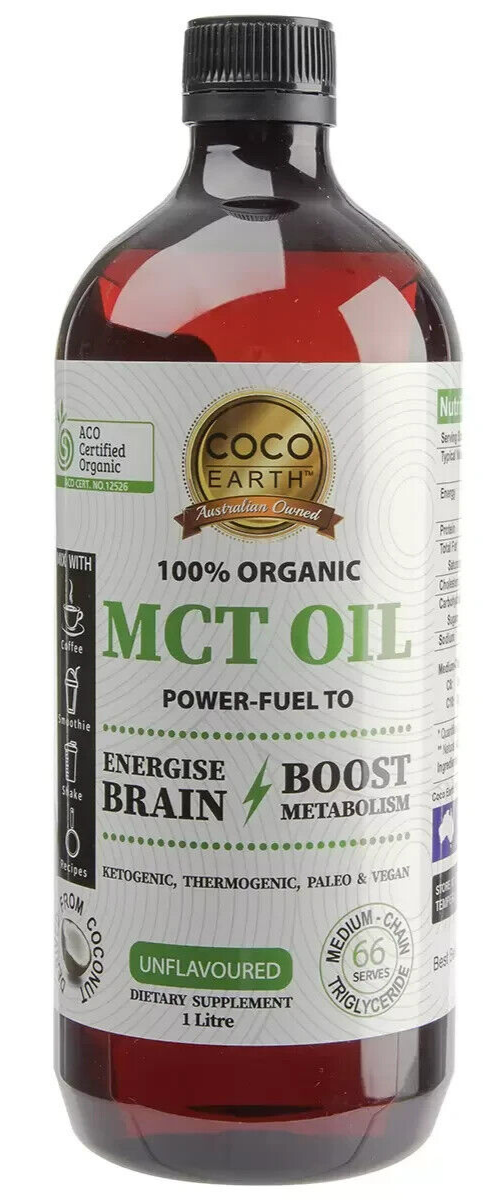 Coco Earth MCT Oil Organic 100% Unflavored Coconut Dietary Supplement 1L