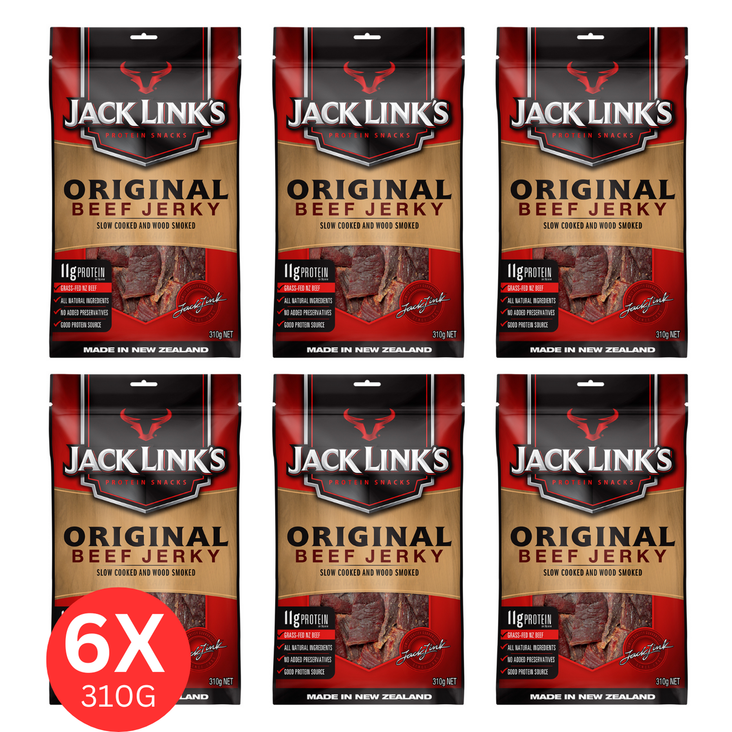 6x Jack Link's Original Beef Jerky Protein Snacks Made In New Zealand 310g Jumbo