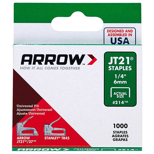 Arrow 6mm JT21 Staple Gun Staples Universal Fit Flat Crown for 1000 Pack