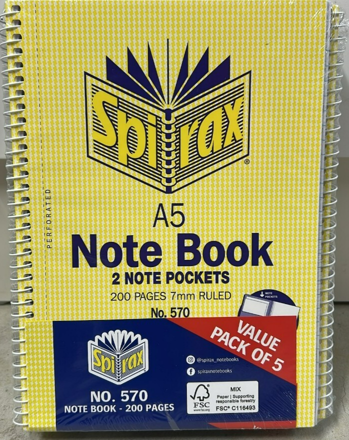 Spirax A5 Spiral Notebook with Note Pockets Office School Memo 200 Pages 5 Packs