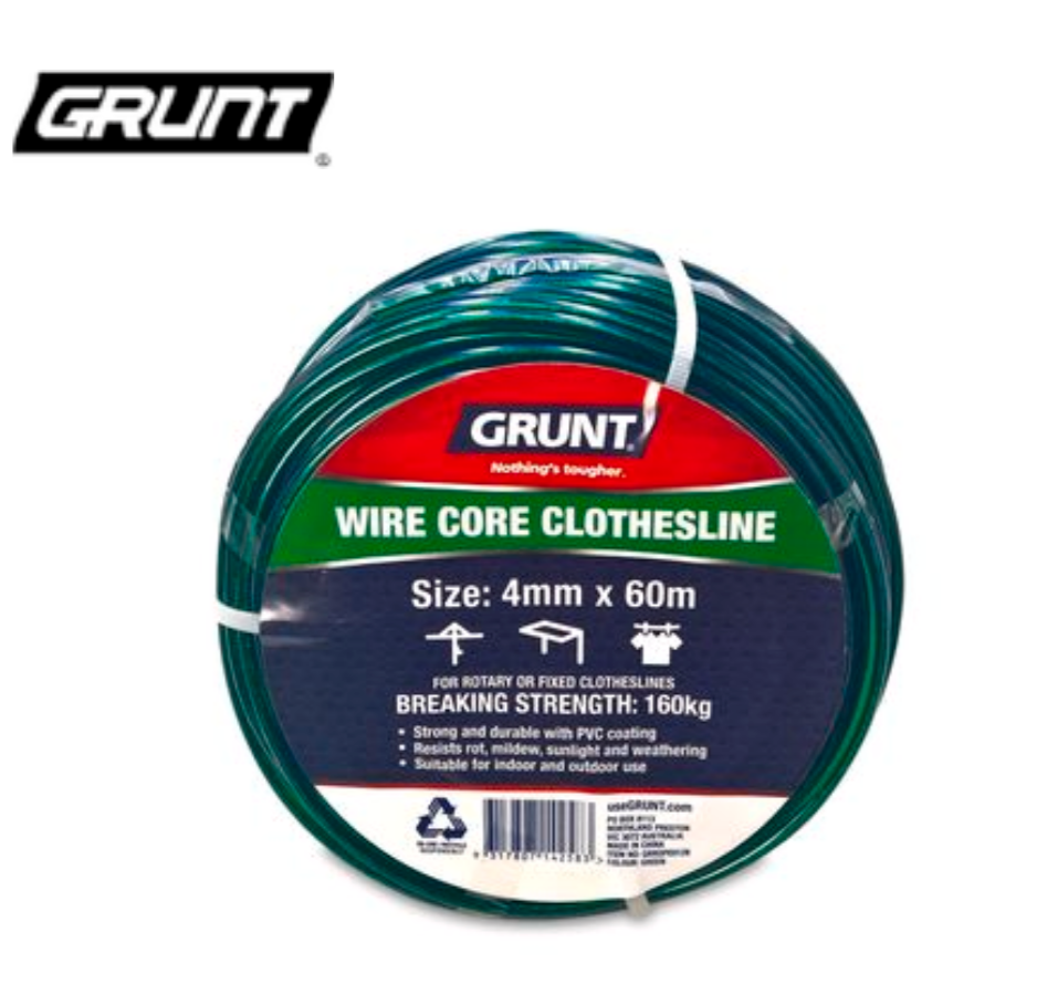 GRUNT  4mm x 60m Clothesline Wire Green Core Strong Laundry Rope