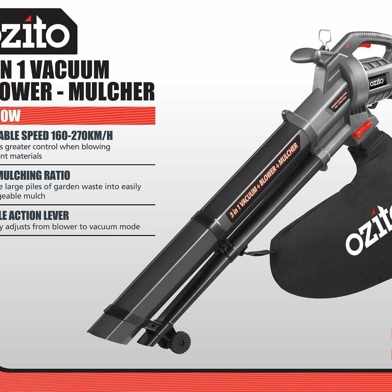 Ozito 2400W 3In1 Electric Blower Vac Vacuum Mulcher Large Volume Variable Speed