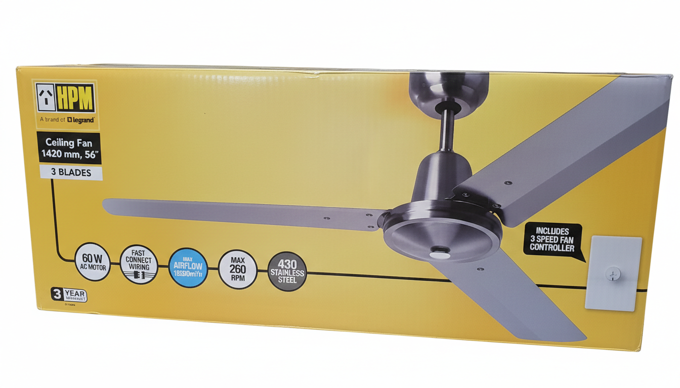 HPM Legrand 1420mm 56" Ceiling Fan 3-Blade Stainless Steel 3 Speed Controller
