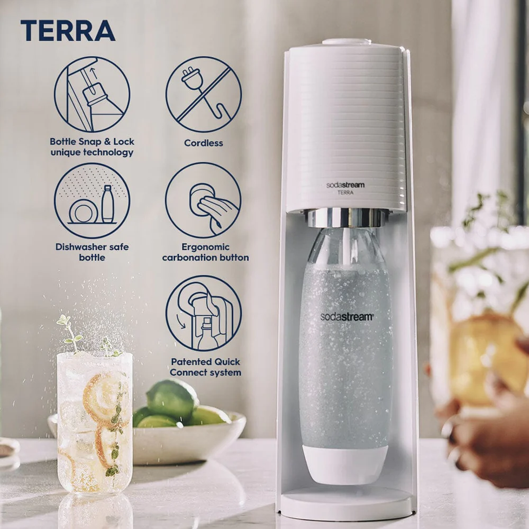 SodaStream Soda Maker Terra Megapack Sparkling Water + 2 x 1L Bottle