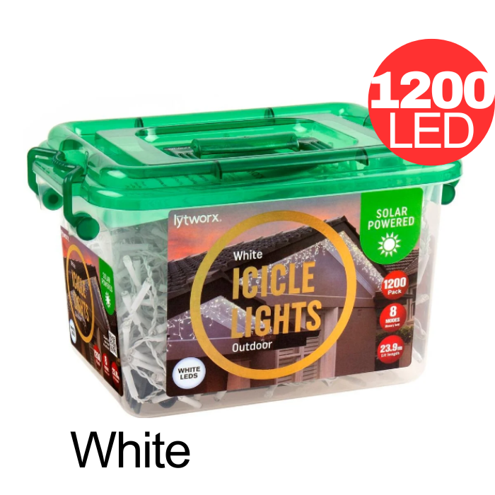Lytworx 1200 White LED Solar Icicle Lights String Light Xmas Decoration 23.9m