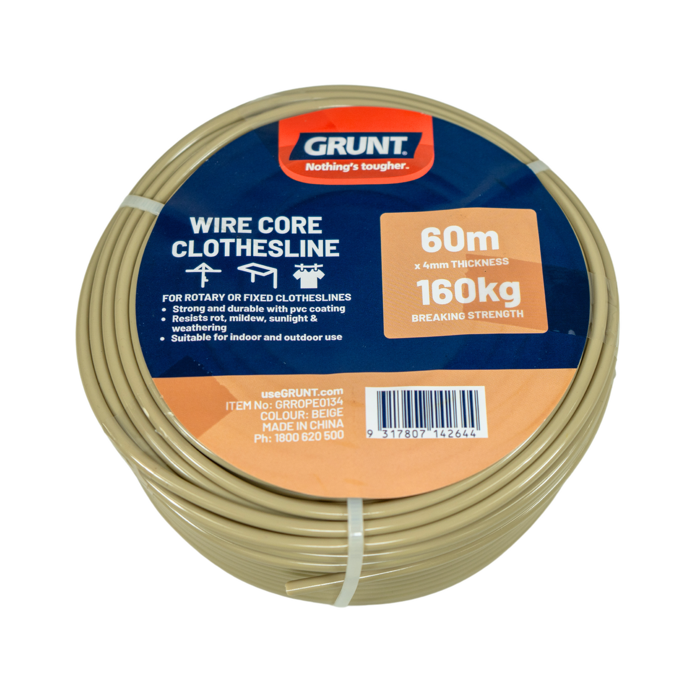 Grunt Clothes Line Wire Core Beige Strong Laundry Rope Strain 4mm x 60m 160 kg