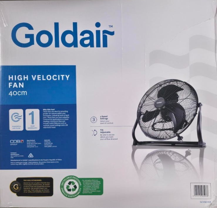 Goldair 40cm High Velocity Floor Fan Industrial 3 Speed Power Cooling Black