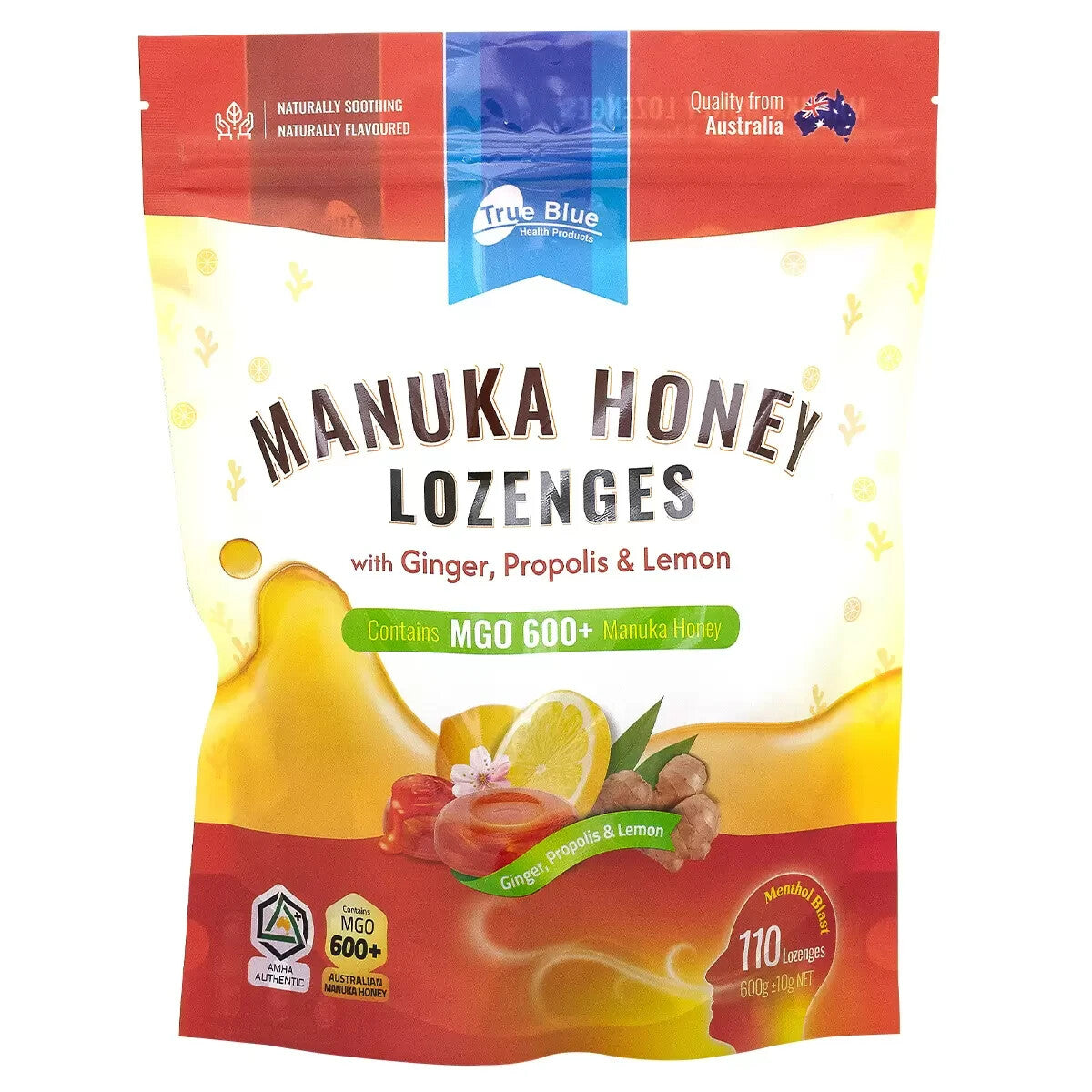 True Blue Manuka Honey Lozenges With Ginger Propolis & Lemon Cough Lozenge 600g