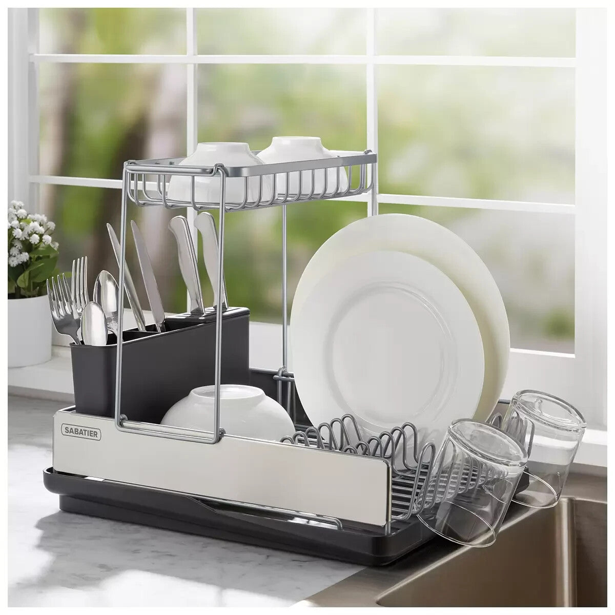 Sabatier Compact Dish Rack Drying Plates Cup Holder Tray Drainer Organiser