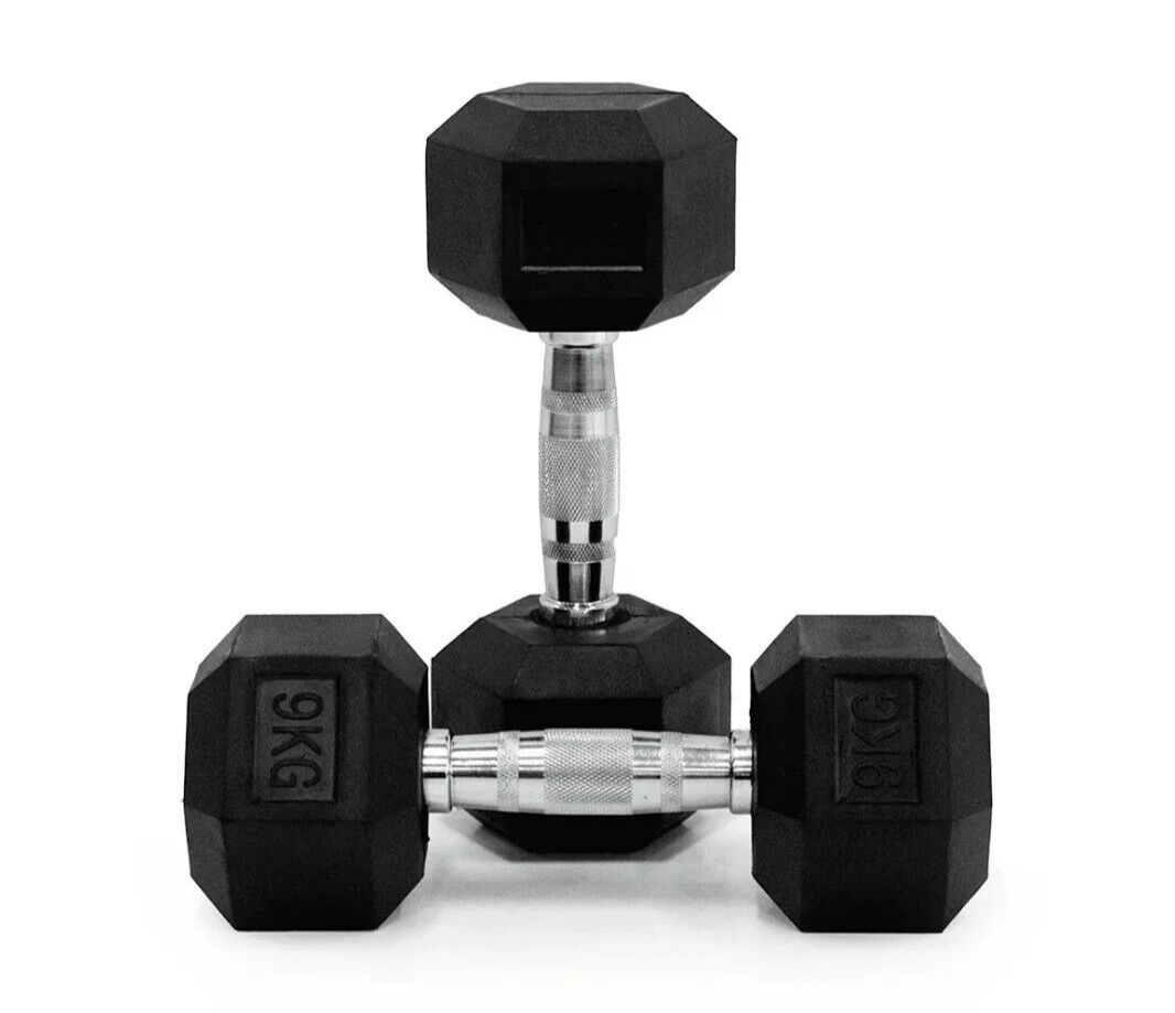 9KG Rubber Hex Dumbbell Fitness Home Gym Exercise Strength Weight Set Pair