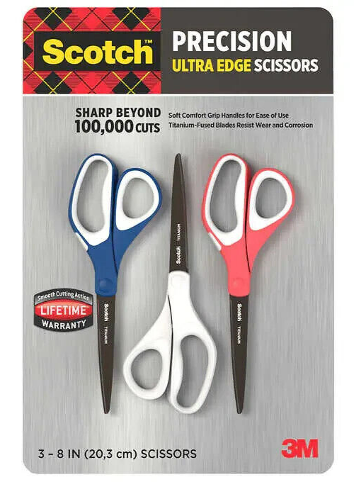 Scotch Precision 8" Scissor Ultra Edge Sharp Smooth Handle Cutting Tailor 3 Pack