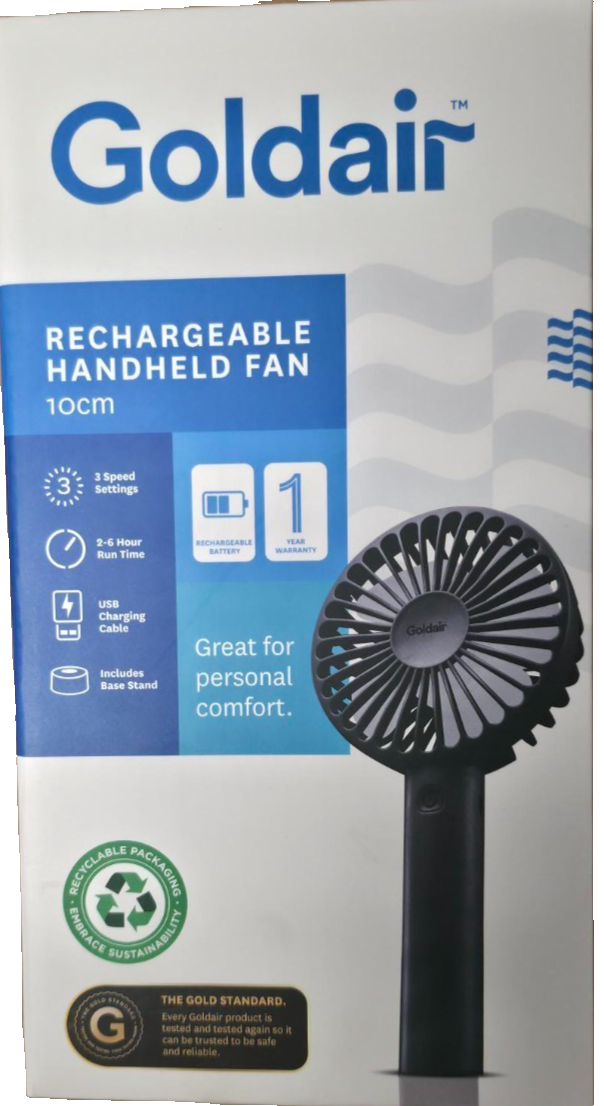 Goldair 10cm Rechargeable Personal Handheld Fan Mini Portable USB 3 Speed Black