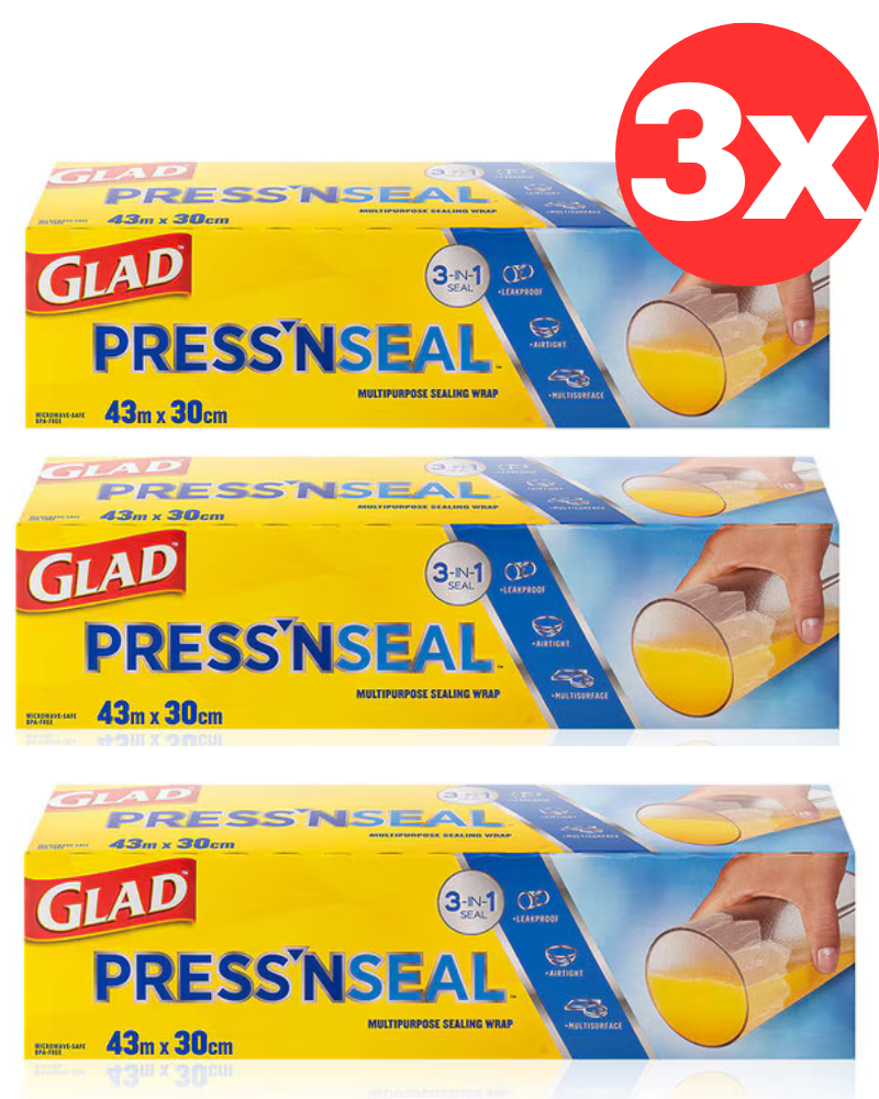 3x Glad Press 'N Seal Sealing Wrap Food Wrapping Cover Multipurpose 30CM x 43M