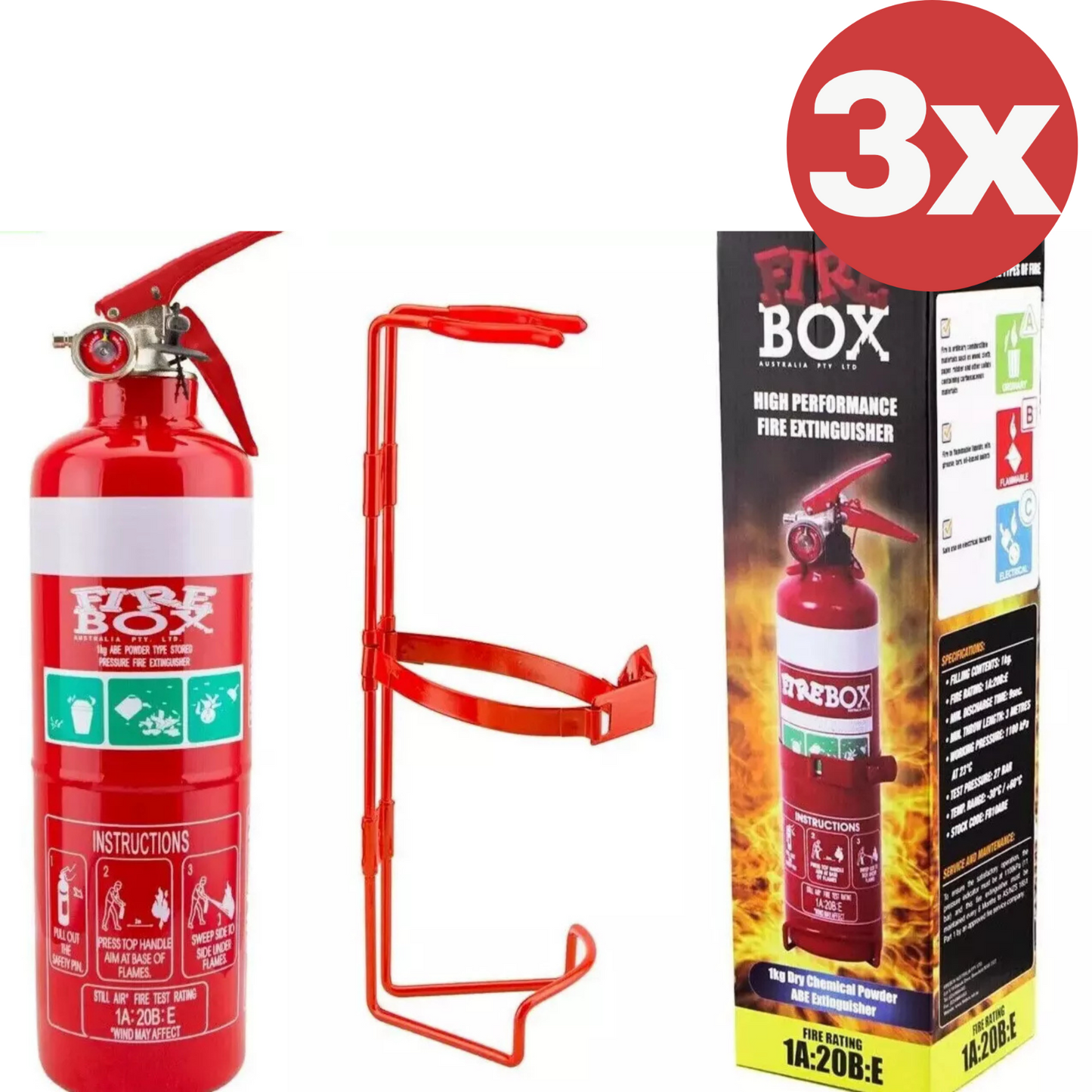 3x Firebox 1kg Fire Extinguisher ABE Professional Dry Chemical Powder w/ Bracket