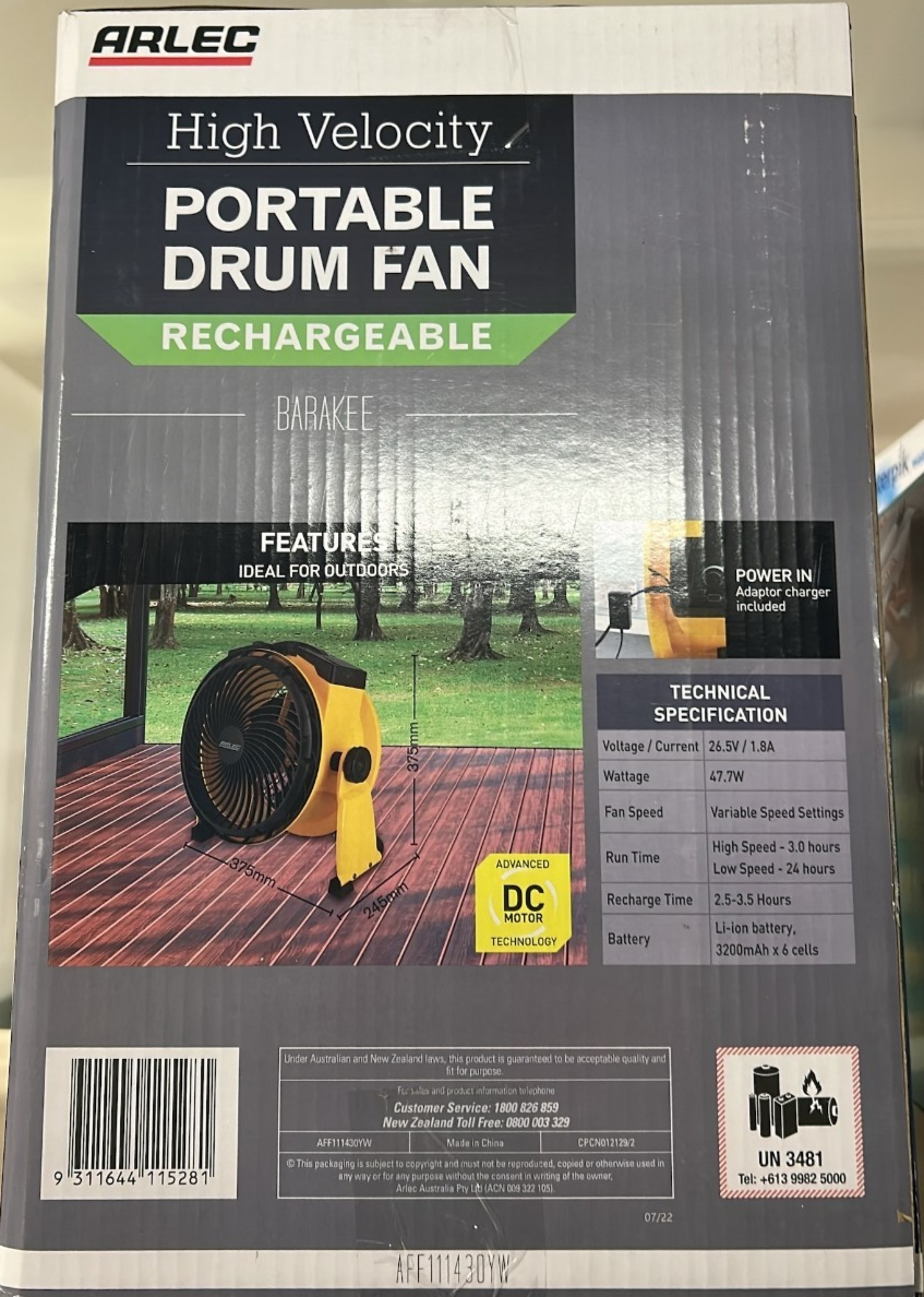 Arlec Drum Fan High Velocity Portable Rechargeable Adjustable Tilt Camping