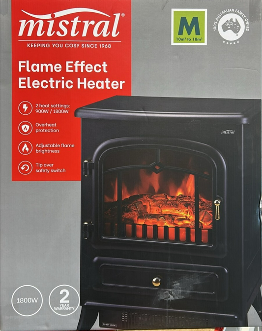Mistral Electric Heater Fireplace Flame Effect Portable Free Standing 1800W