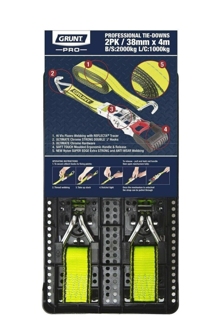2x Grunt Pro Ratchet Tie Down Straps 38mm x 4m RetractableTralier Truck Strap