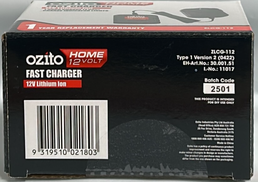 Ozito Home Battery Charger Fast Charging 12V Lithium Ion Range 1.5Ah Compact