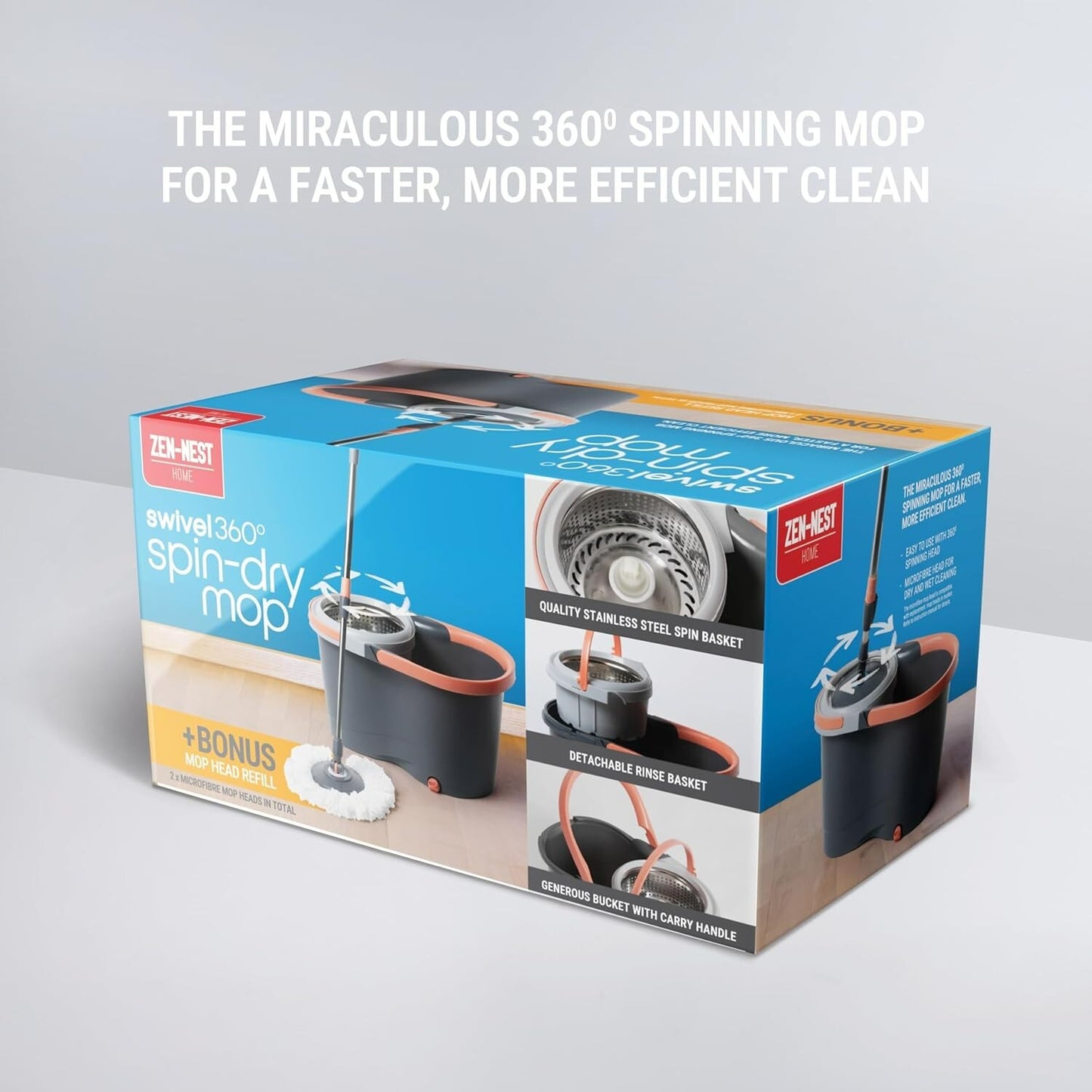 Zen-Nest Mop Bucket Set Swivel 360° Spin Dry Rotating Microfibre Floor Cleaner
