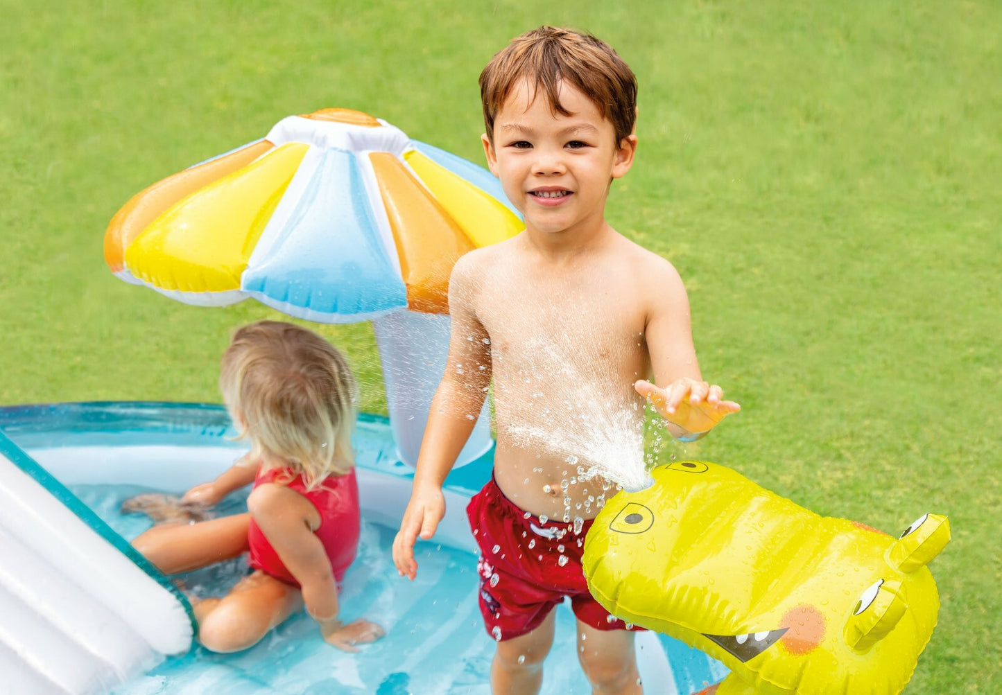 Intex Inflatable Gator Kids Play Pool Slide Swimming Spray with Center Baby