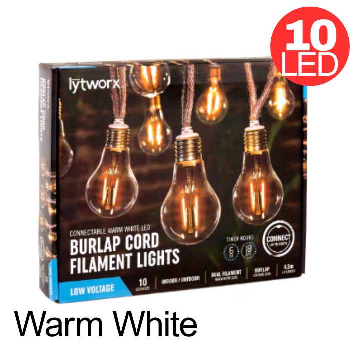 Lytworx Burlap Cord Filament Connectable Party Xmas Lights 10 LED Warm White