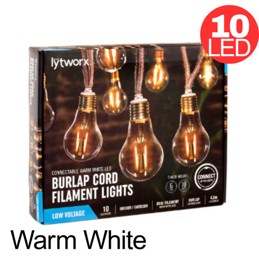 Lytworx Burlap Cord Filament Connectable Party Xmas Lights 10 LED Warm White