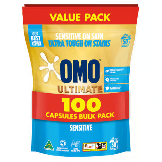 OMO Ultimate Sensitive 3 in 1 Laundry Washing Capsules Detergent 100 Pack Bulk