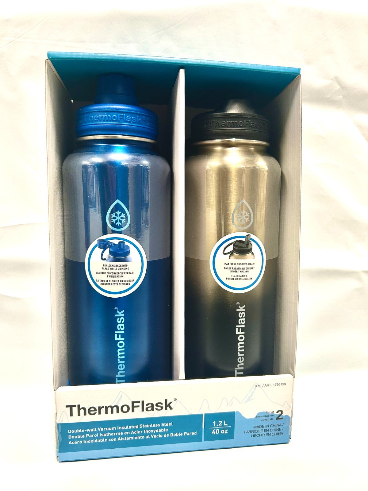 2x ThermoFlask Insulated Water Bottle Stainless Steel Double Wall Vacuum 1.2L