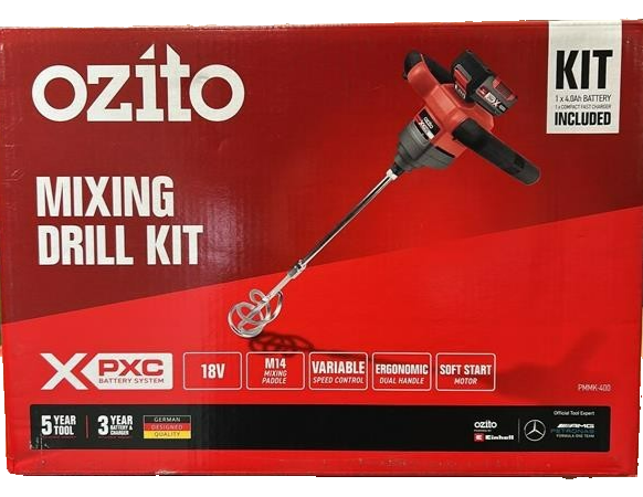 Ozito PXC Cordless Mixing Drill 4.0Ah Battery Fast Charger Kit Set 18V