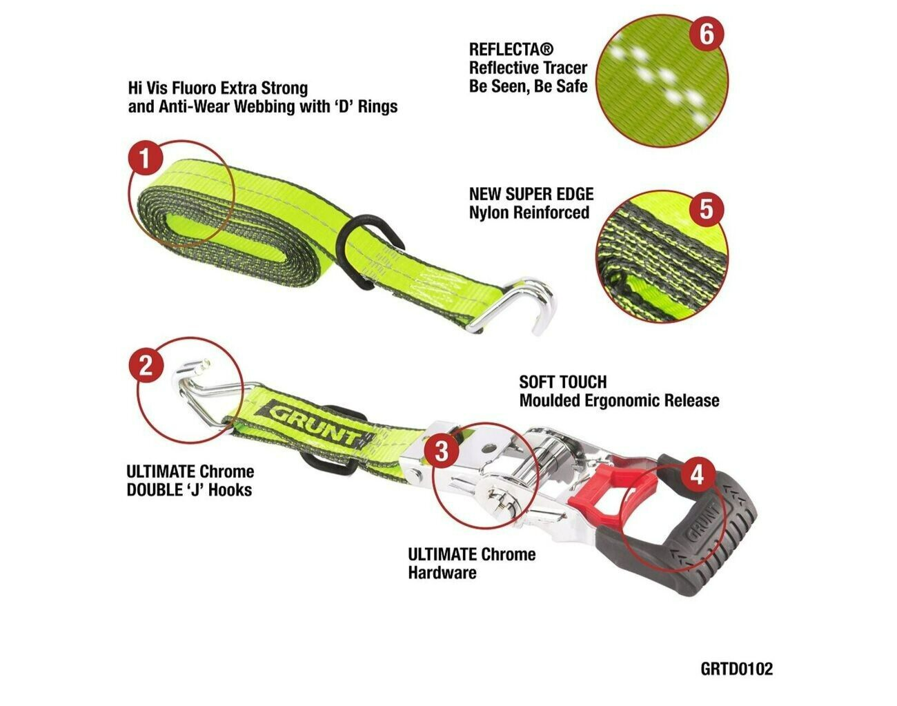 2x Grunt Pro Ratchet Tie Down Straps 38mm x 4m RetractableTralier Truck Strap