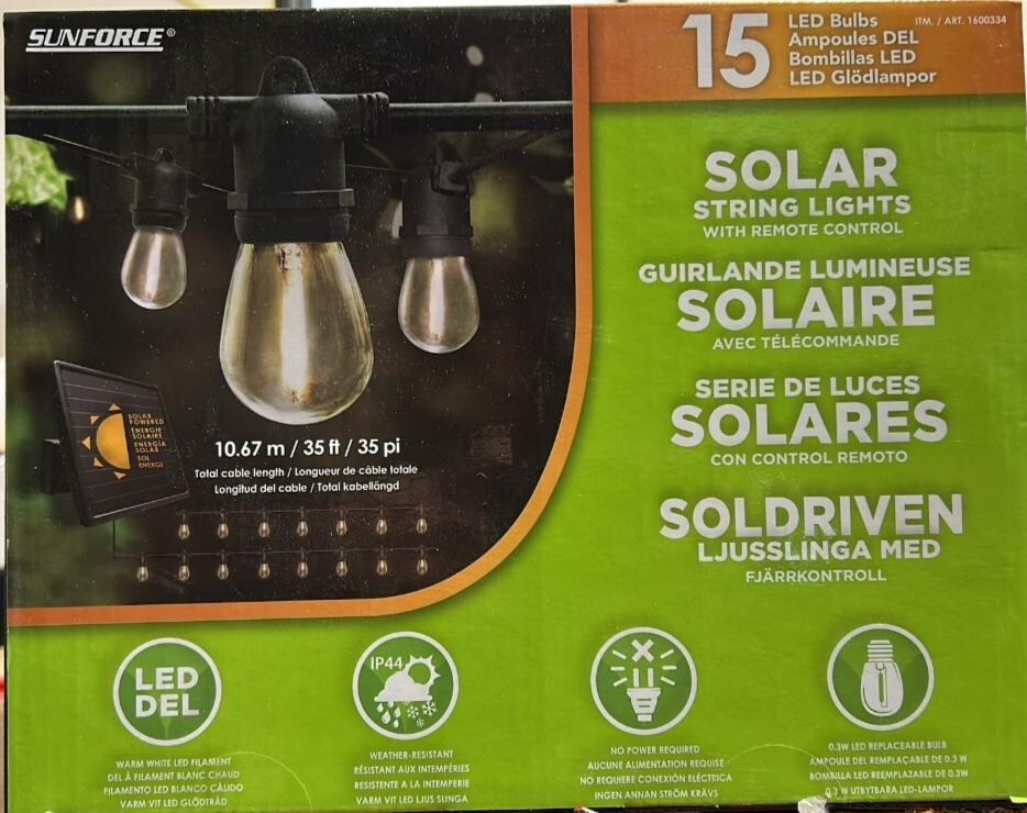 Sunforce 15 LED Solar String Lights Powered Outdoor Waterproof w/ Remote 10.67M