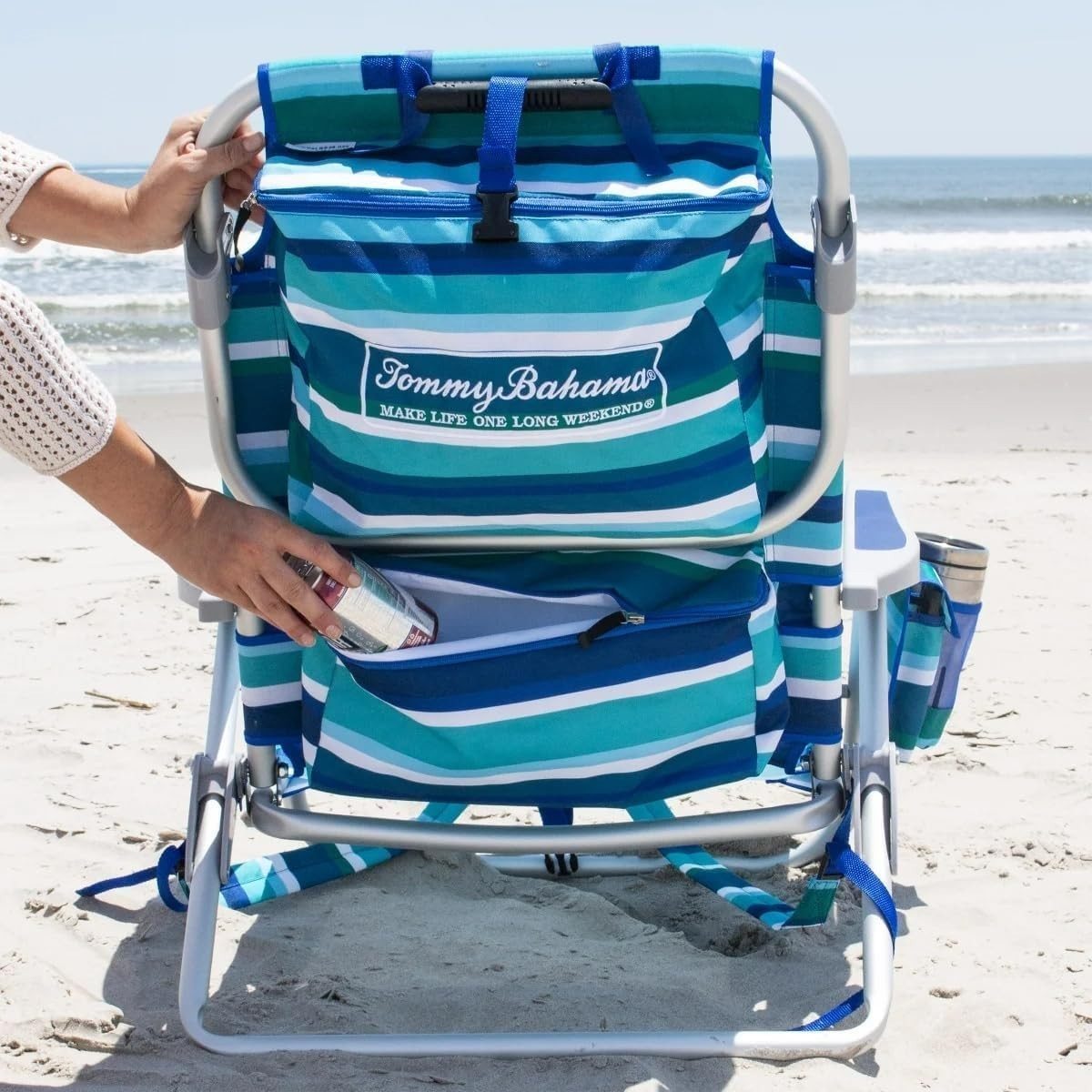 Tommy Bahama Beach Chair Backpack Folding Low Seat Lounge Camping Blue Green..