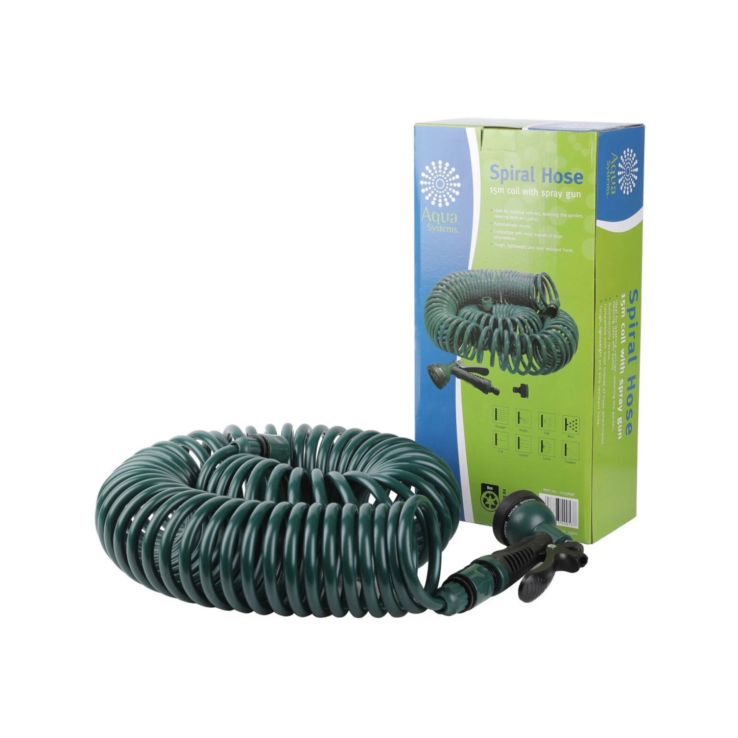 Aqua 15m Spiral Coil Hose Systems with Spray Gun Watering Equipment