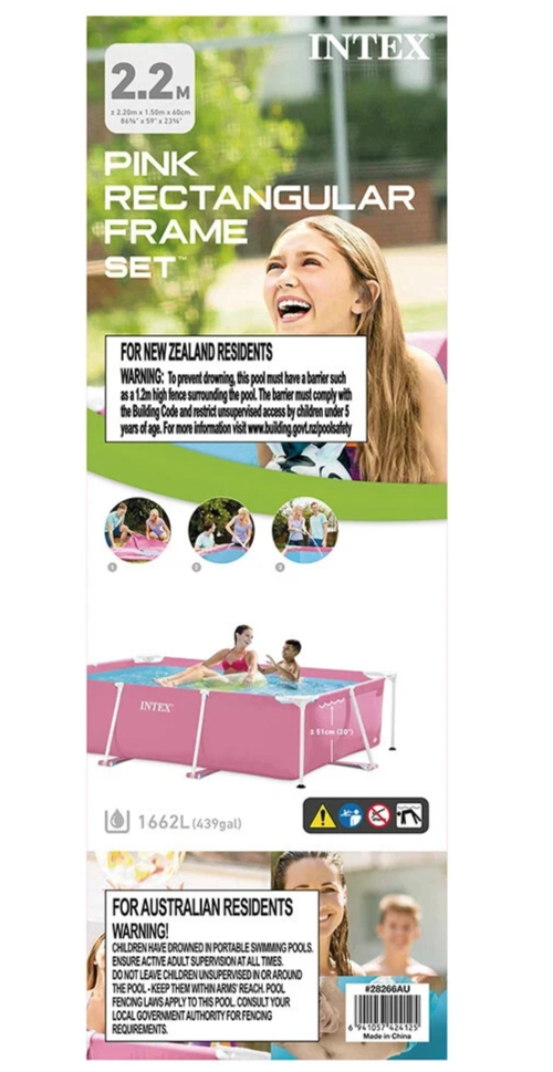 Intex Rectangular Pink Frame Above Ground Swimming Pool Outdoor Garden 2.2x1.5m