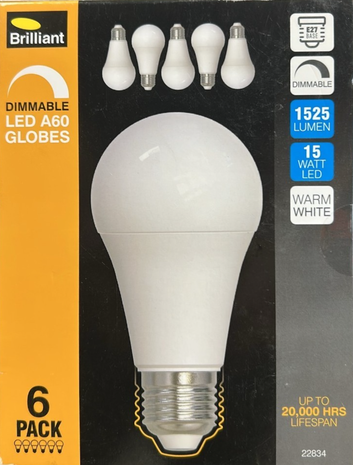 Brilliant E27 A60 1525lm LED Light Bulb Dimmable 15W Globe Warm White 6 Pack