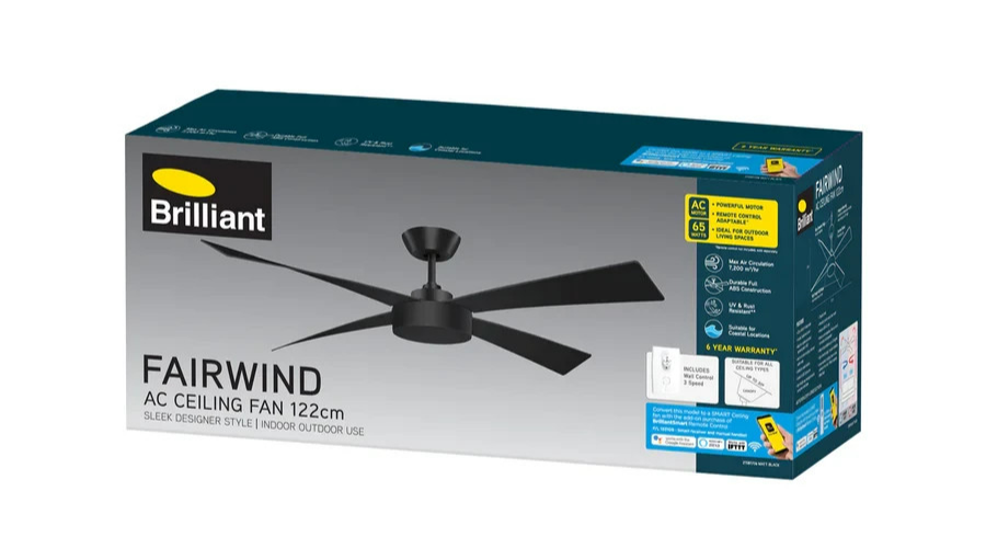 Brilliant Ceiling Fan 48" Reversible 4 Blade Black Matte 3 Speed Fairwind