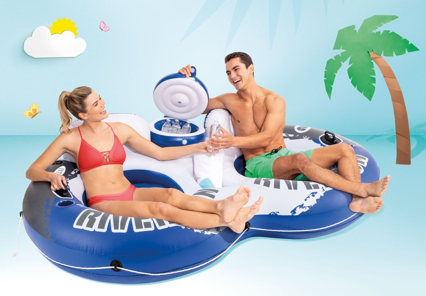 Intex River Run 2 Person Inflatable Lounge Floating Tube Float with Drink Cooler