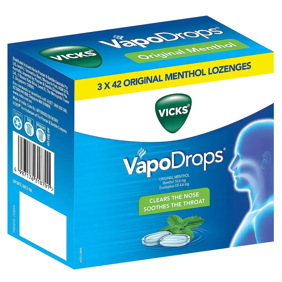 Vicks VapoDrops Menthol Lozenges Cough and Cold Sore Throat  42 x 3 Pack