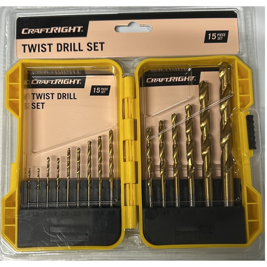 CraftRight Twist Drill Bit Set HSS 15 Piece Tools For Steel Metal Gold