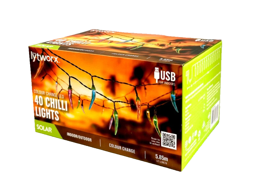 Lytworx Colour Change Chilli Lights Solar USB 40 LED Xmas Hanging Decoration