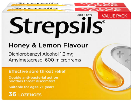 Strepsils Sore Throat Relief Lozenges Honey & Lemon Lozenge 2 x 36 Count