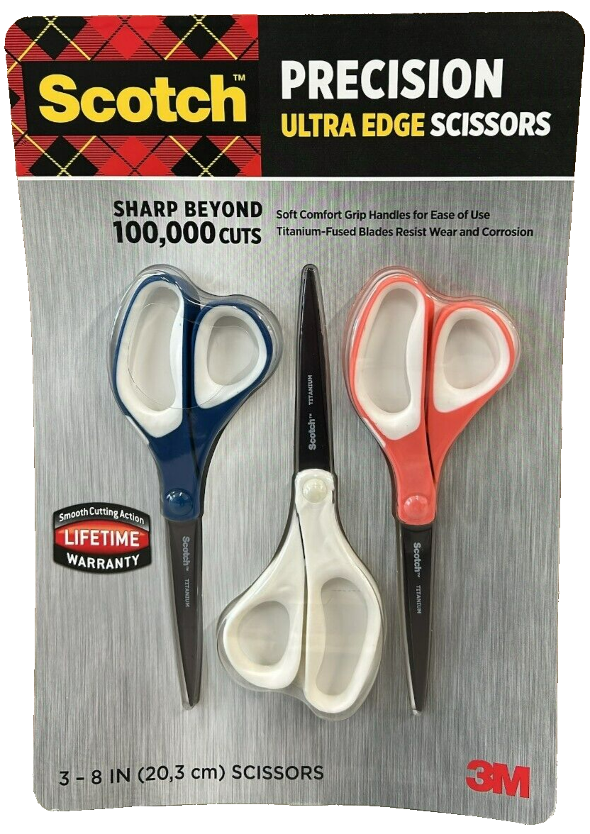 Scotch Precision 8" Scissor Ultra Edge Sharp Smooth Handle Cutting Tailor 3 Pack