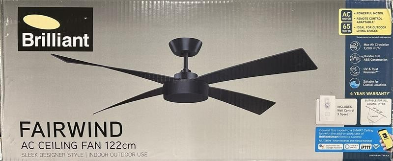 Brilliant Ceiling Fan 48" Reversible 4 Blade Black Matte 3 Speed Fairwind