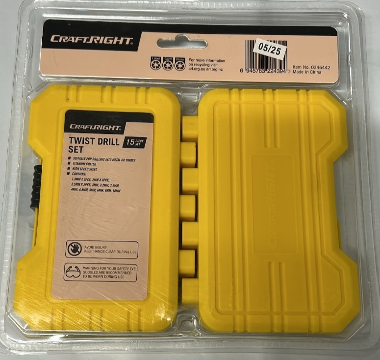 CraftRight Twist Drill Bit Set HSS 15 Piece Tools For Steel Metal Gold