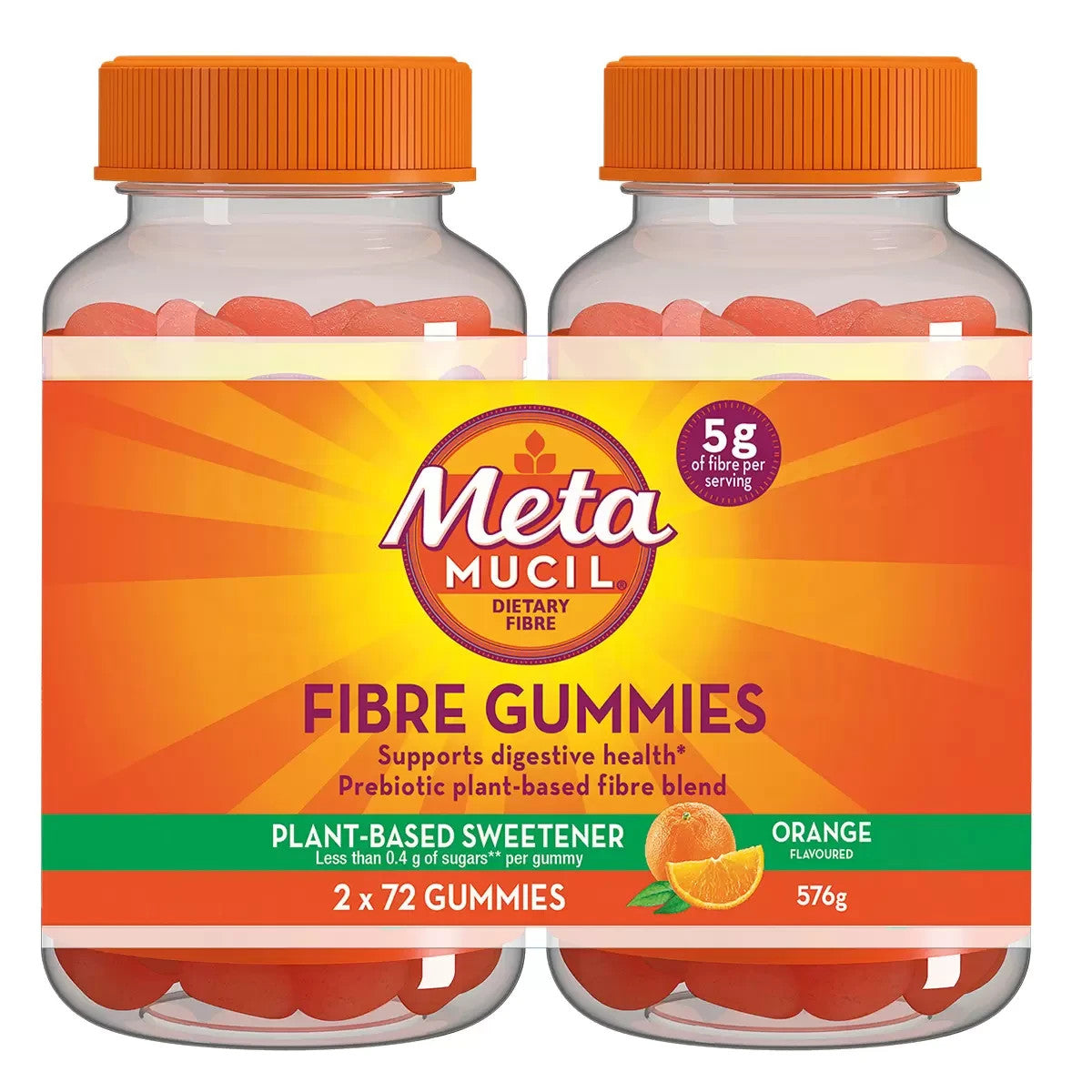 2x Metamucil Fibre Gummies Orange Flavour for Digestive Health Prebiotic 72pk