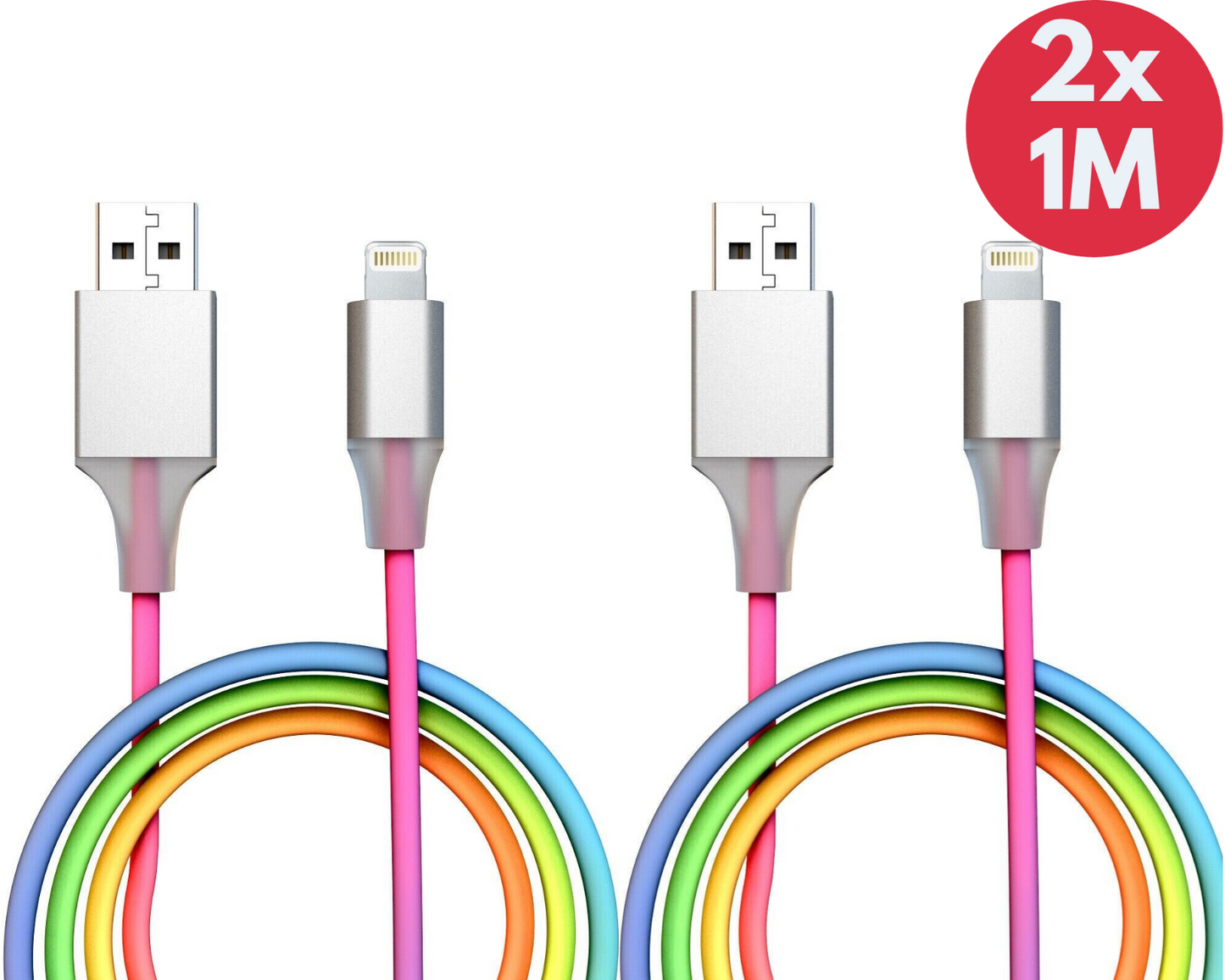 2x Laser Charging Cable USB A for Apple iPhone iPad iPod Rainbow 1m