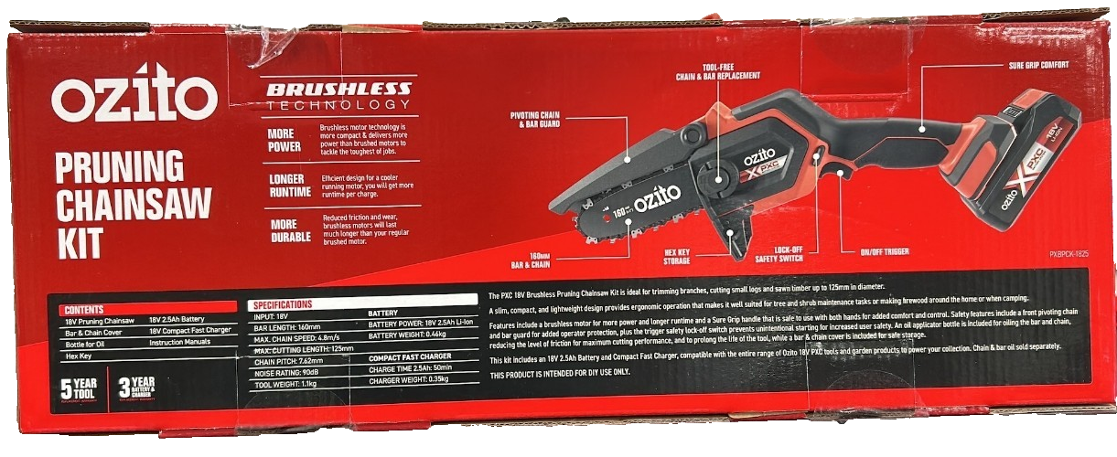 Ozito 18V Pruning Chainsaw Cordless 2.5Ah Battery Brushless 160mm PXBPCK-1825