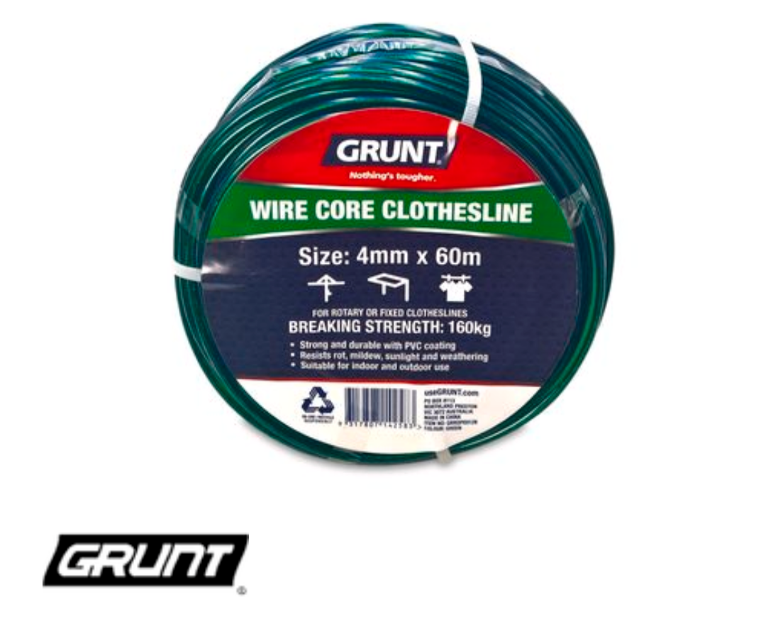 GRUNT  4mm x 60m Clothesline Wire Green Core Strong Laundry Rope