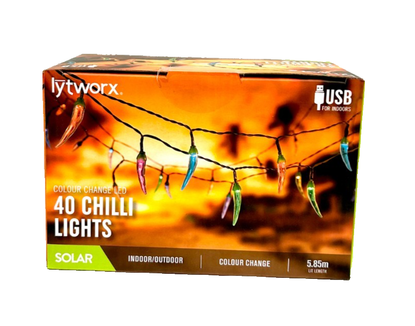 Lytworx Colour Change Chilli Lights Solar USB 40 LED Xmas Hanging Decoration